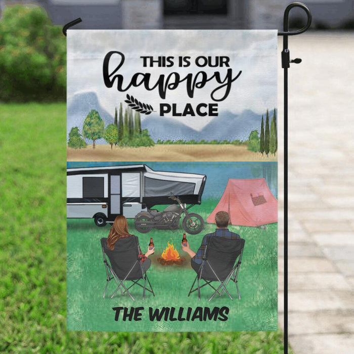 Custom Personalized Camping Flag - Best Gift For The Whole Family, Camping Lovers, Parents with up to 4 Kids and 2 Pets, Single with up to 3 Pets  - This Is Our Happy Place