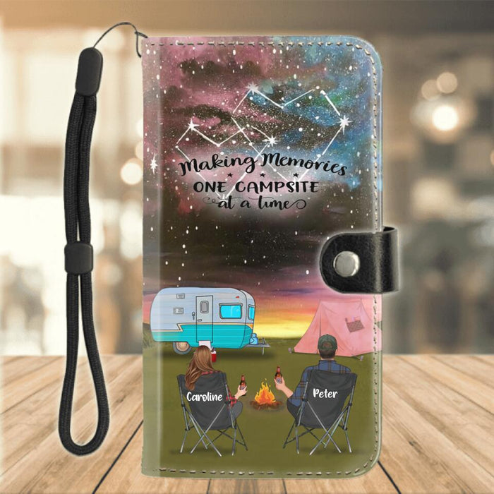 Custom Personalized Camping Flip Leather Purse For Mobile Phone  - Couple With Upto 2 Kids And 3 Pets - Phone Wallet Gift For Camping Lover -Making Memories One Campsite At A Time