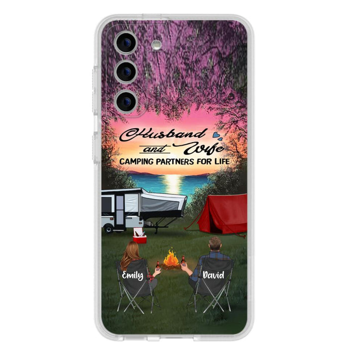 Custom Personalized Camping Phone Case - Couple With Upto 3 Kids And 4 Pets - Gift Idea For Camping Lover - Husband And Wife Camping Partners For Life - Case For iPhone And Samsung