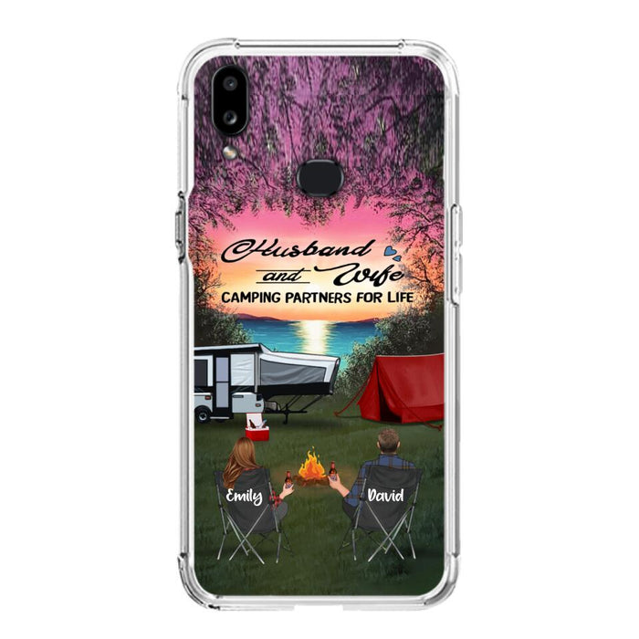 Custom Personalized Camping Phone Case - Couple With Upto 3 Kids And 4 Pets - Gift Idea For Camping Lover - Husband And Wife Camping Partners For Life - Case For iPhone And Samsung