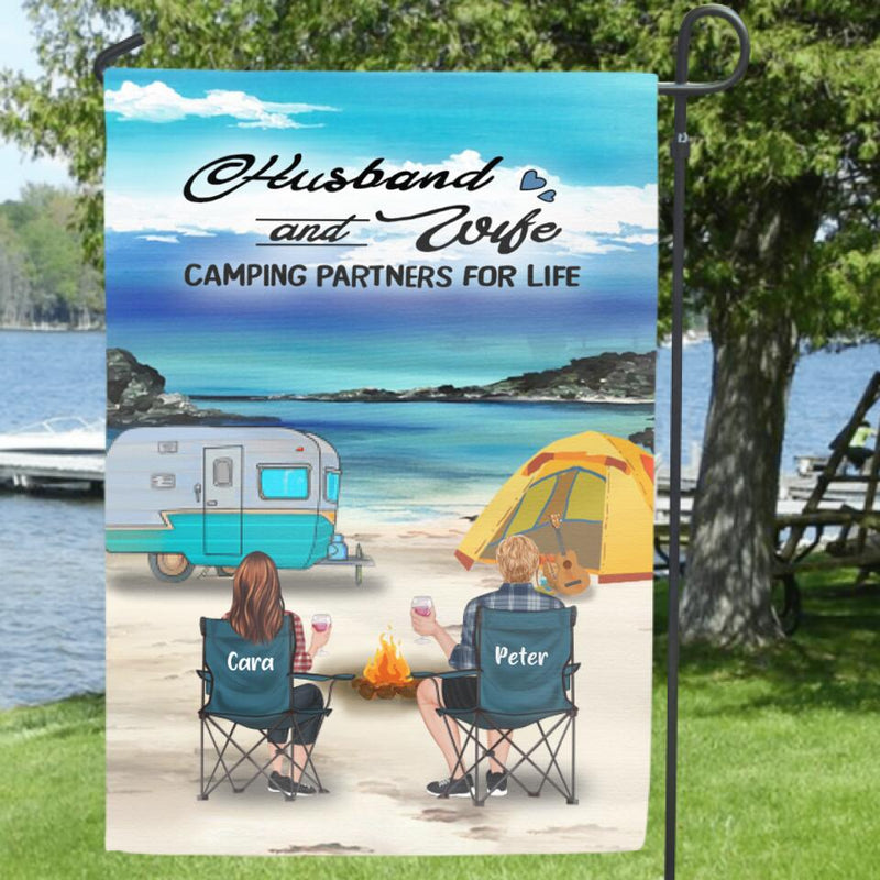 Personalized Beach Camping Flag Sign - Couple/Parents With Up to 3 Kids And 4 Pets - Gift Idea For Couple/Family/Camping Lover - Husband And Wife Camping Partners For Life