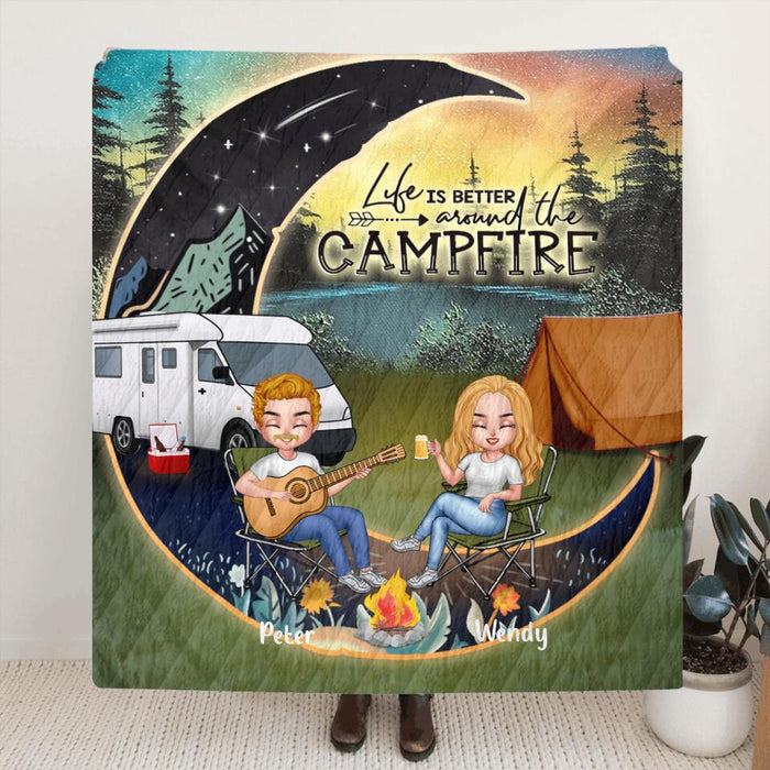 Custom Personalized Camping Moon Couple With Dog Pillow Cover & Fleece/ Quilt Blanket - Upto 3 Dogs - Gift Idea For Camping Lover - Life Is Better Around The Campfire