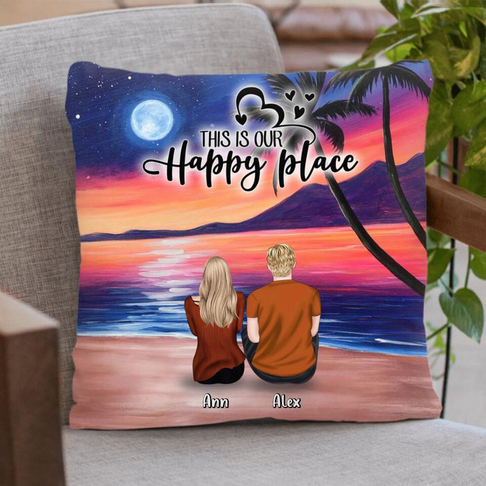 Custom Personalized Couple and Dog Beach Dawn Pillow Cover - Gift For Camping Lovers with up to 4 Dogs - This Is Our Happy Place