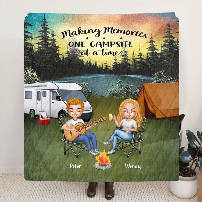 Custom Personalized Guitar Camping Couple Single Layer Fleece/ Quilt - Gift For Camping Lovers Up To 3 Dogs - Making Memories One Campsite At A Time