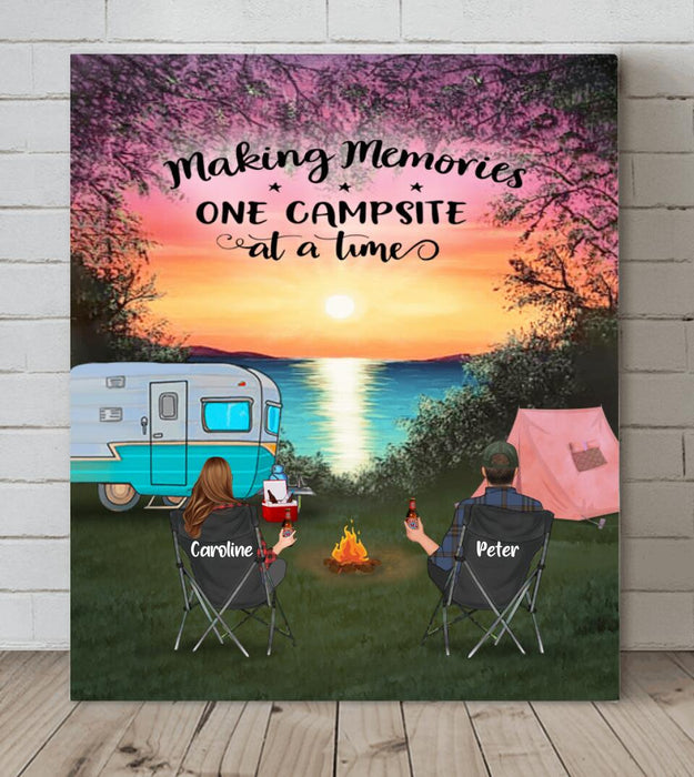 Custom Personalized Camping Canvas - Couple With Upto 2 Kids And 3 Pets - Gift Idea For Camping Lover - Making Memories One Campsite At A Time