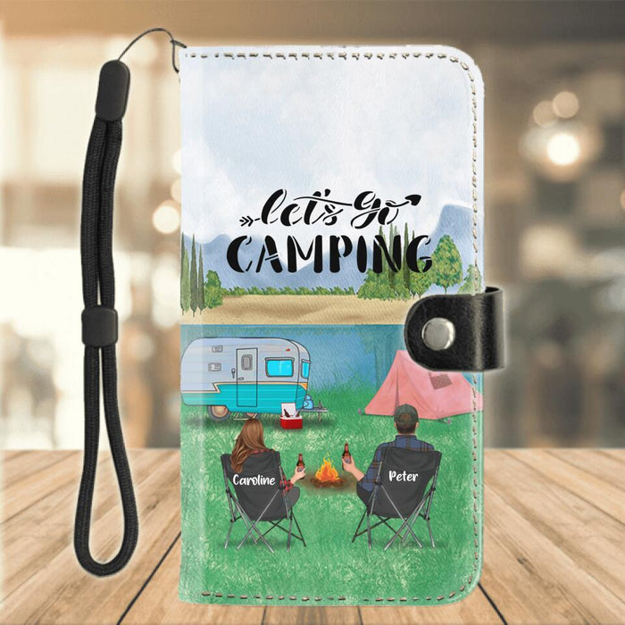 Custom Personalized Camping Couple Day Flip Leather Purse For Mobile Phone - Couple/ Parents With Upto 2 Kids And 3 Pets - Gift Idea For Camping Lover - Let's Go Camping