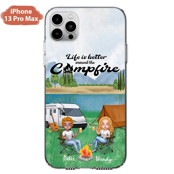 Custom Personalized Camping Chibi Phone Case - Couple With Upto 2 Dogs - Gift Idea For Dog/ Camping Lover - Life Is Better Around The Campfire - Case For iPhone And Samsung