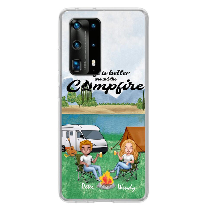 Custom Personalized Camping Chibi Phone Case - Couple With Upto 2 Dogs - Gift Idea For Dog/ Camping Lover - Life Is Better Around The Campfire - Case For Xiaomi, Oppo And Huawei