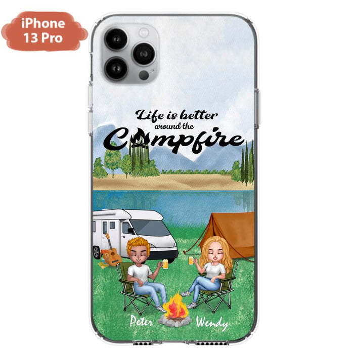 Custom Personalized Camping Chibi Phone Case - Couple With Upto 2 Dogs - Gift Idea For Dog/ Camping Lover - Life Is Better Around The Campfire - Case For iPhone And Samsung