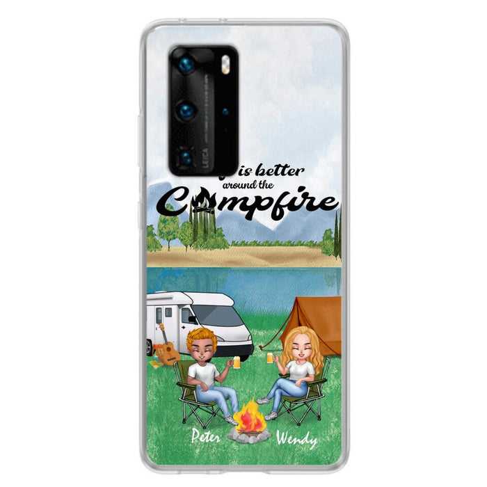 Custom Personalized Camping Chibi Phone Case - Couple With Upto 2 Dogs - Gift Idea For Dog/ Camping Lover - Life Is Better Around The Campfire - Case For Xiaomi, Oppo And Huawei