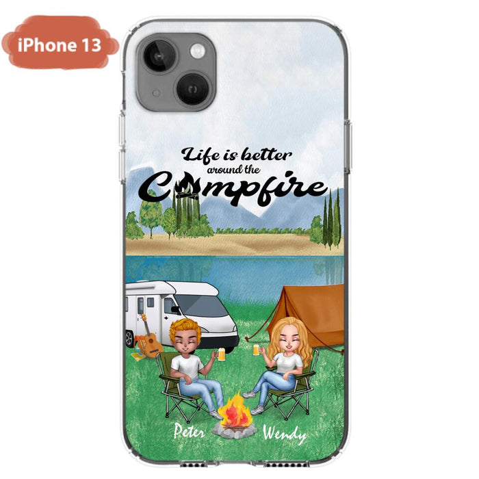 Custom Personalized Camping Chibi Phone Case - Couple With Upto 2 Dogs - Gift Idea For Dog/ Camping Lover - Life Is Better Around The Campfire - Case For iPhone And Samsung