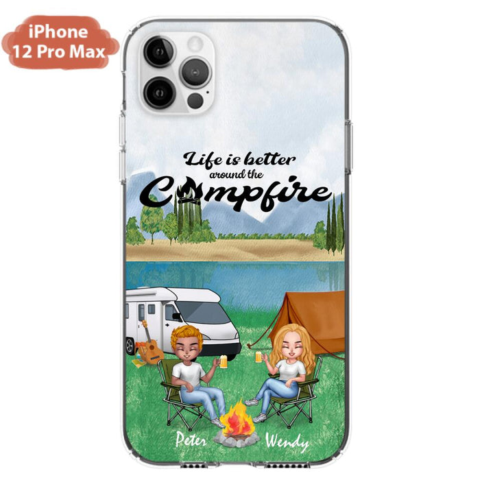 Custom Personalized Camping Chibi Phone Case - Couple With Upto 2 Dogs - Gift Idea For Dog/ Camping Lover - Life Is Better Around The Campfire - Case For iPhone And Samsung