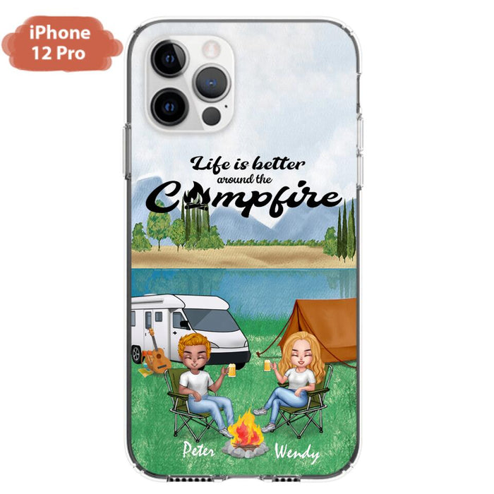 Custom Personalized Camping Chibi Phone Case - Couple With Upto 2 Dogs - Gift Idea For Dog/ Camping Lover - Life Is Better Around The Campfire - Case For iPhone And Samsung