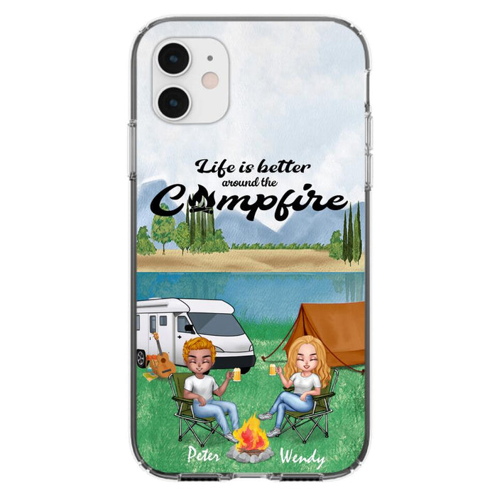 Custom Personalized Camping Chibi Phone Case - Couple With Upto 2 Dogs - Gift Idea For Dog/ Camping Lover - Life Is Better Around The Campfire - Case For iPhone And Samsung