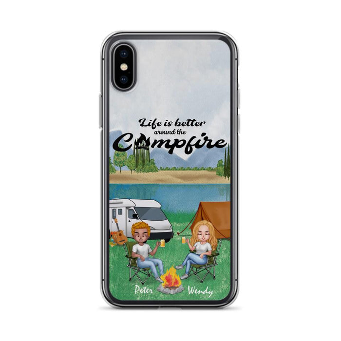 Custom Personalized Camping Chibi Phone Case - Couple With Upto 2 Dogs - Gift Idea For Dog/ Camping Lover - Life Is Better Around The Campfire - Case For iPhone And Samsung