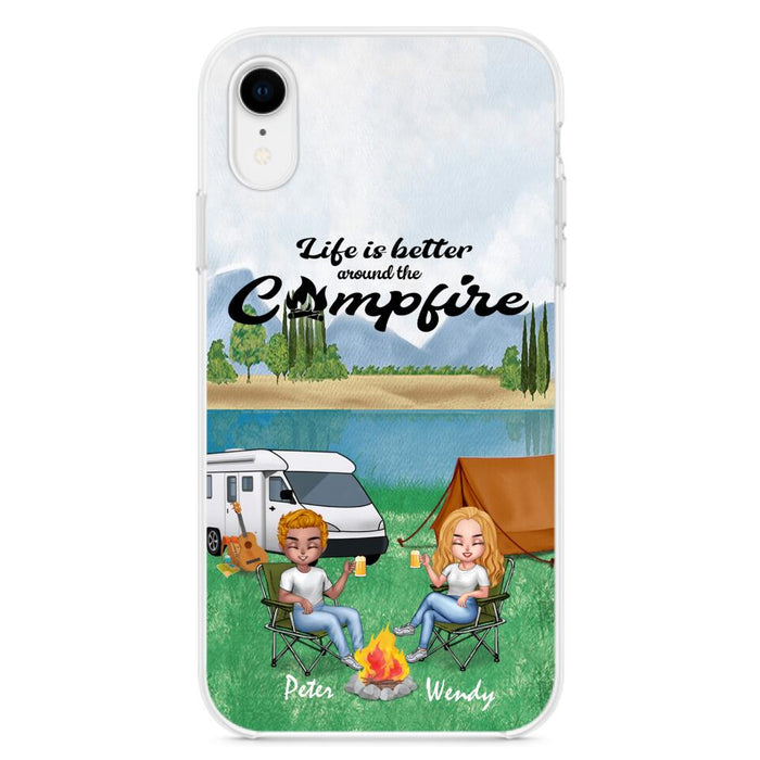 Custom Personalized Camping Chibi Phone Case - Couple With Upto 2 Dogs - Gift Idea For Dog/ Camping Lover - Life Is Better Around The Campfire - Case For iPhone And Samsung