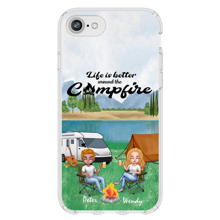 Custom Personalized Camping Chibi Phone Case - Couple With Upto 2 Dogs - Gift Idea For Dog/ Camping Lover - Life Is Better Around The Campfire - Case For iPhone And Samsung