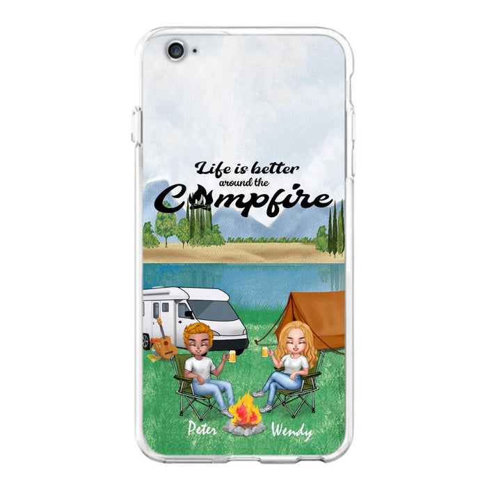 Custom Personalized Camping Chibi Phone Case - Couple With Upto 2 Dogs - Gift Idea For Dog/ Camping Lover - Life Is Better Around The Campfire - Case For iPhone And Samsung