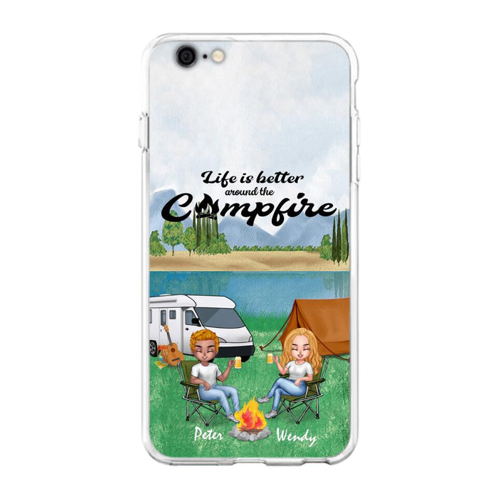 Custom Personalized Camping Chibi Phone Case - Couple With Upto 2 Dogs - Gift Idea For Dog/ Camping Lover - Life Is Better Around The Campfire - Case For iPhone And Samsung