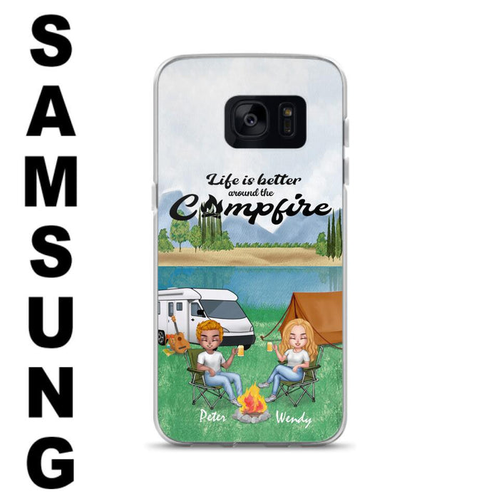 Custom Personalized Camping Chibi Phone Case - Couple With Upto 2 Dogs - Gift Idea For Dog/ Camping Lover - Life Is Better Around The Campfire - Case For iPhone And Samsung