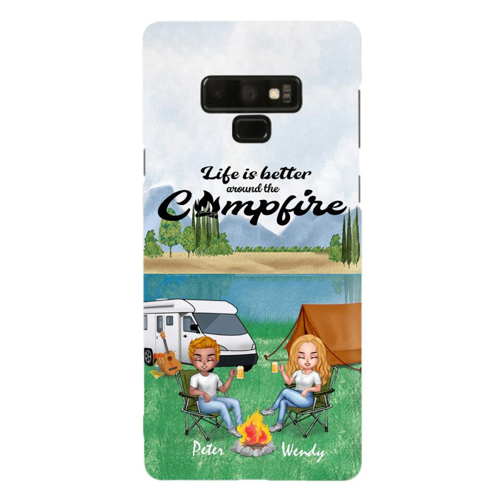 Custom Personalized Camping Chibi Phone Case - Couple With Upto 2 Dogs - Gift Idea For Dog/ Camping Lover - Life Is Better Around The Campfire - Case For iPhone And Samsung