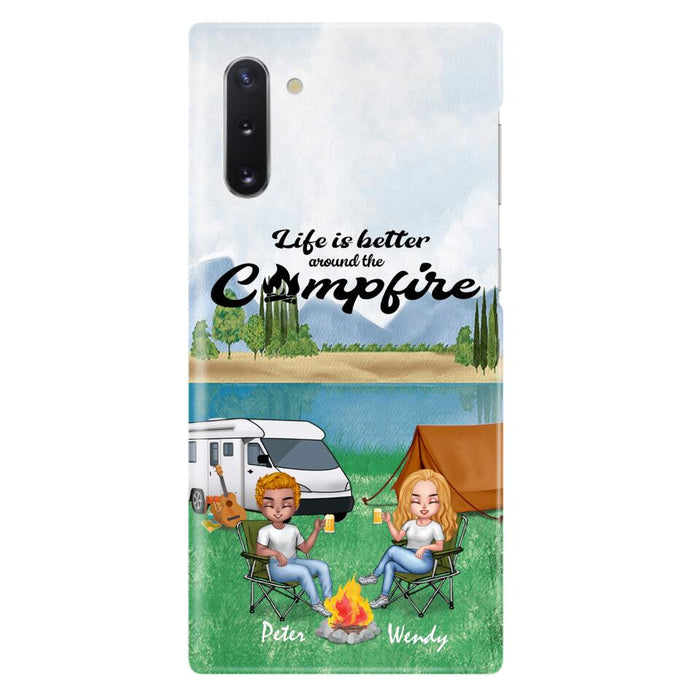 Custom Personalized Camping Chibi Phone Case - Couple With Upto 2 Dogs - Gift Idea For Dog/ Camping Lover - Life Is Better Around The Campfire - Case For iPhone And Samsung