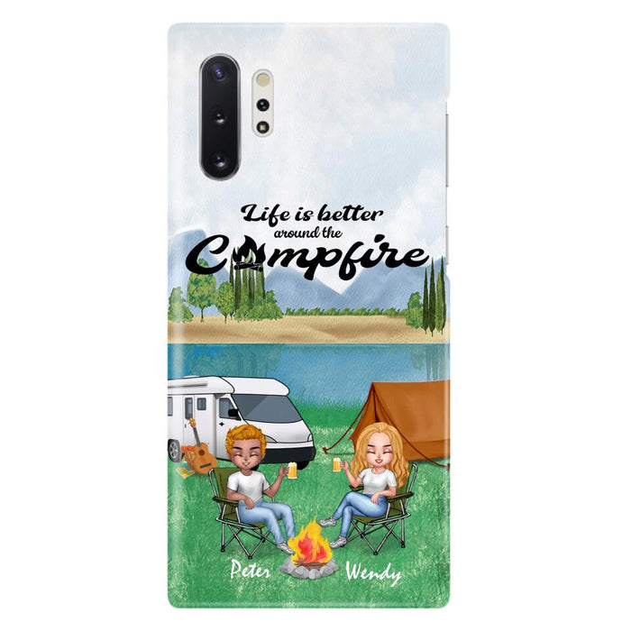 Custom Personalized Camping Chibi Phone Case - Couple With Upto 2 Dogs - Gift Idea For Dog/ Camping Lover - Life Is Better Around The Campfire - Case For iPhone And Samsung