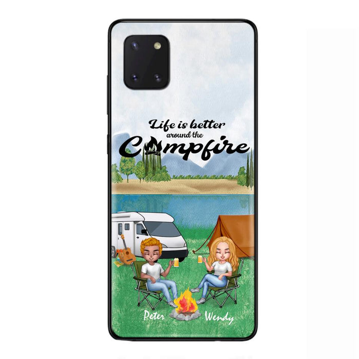 Custom Personalized Camping Chibi Phone Case - Couple With Upto 2 Dogs - Gift Idea For Dog/ Camping Lover - Life Is Better Around The Campfire - Case For iPhone And Samsung