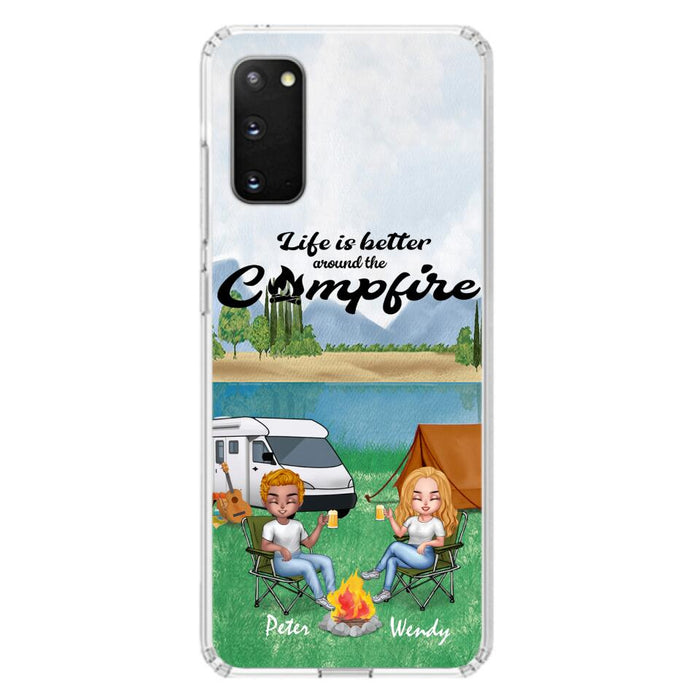 Custom Personalized Camping Chibi Phone Case - Couple With Upto 2 Dogs - Gift Idea For Dog/ Camping Lover - Life Is Better Around The Campfire - Case For iPhone And Samsung