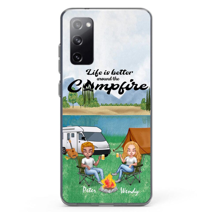 Custom Personalized Camping Chibi Phone Case - Couple With Upto 2 Dogs - Gift Idea For Dog/ Camping Lover - Life Is Better Around The Campfire - Case For iPhone And Samsung