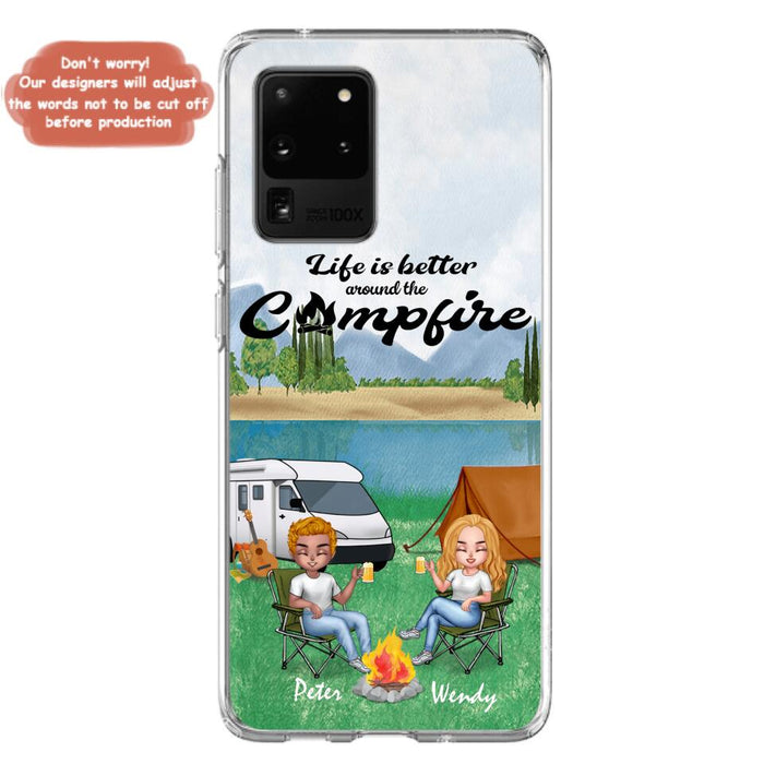 Custom Personalized Camping Chibi Phone Case - Couple With Upto 2 Dogs - Gift Idea For Dog/ Camping Lover - Life Is Better Around The Campfire - Case For iPhone And Samsung