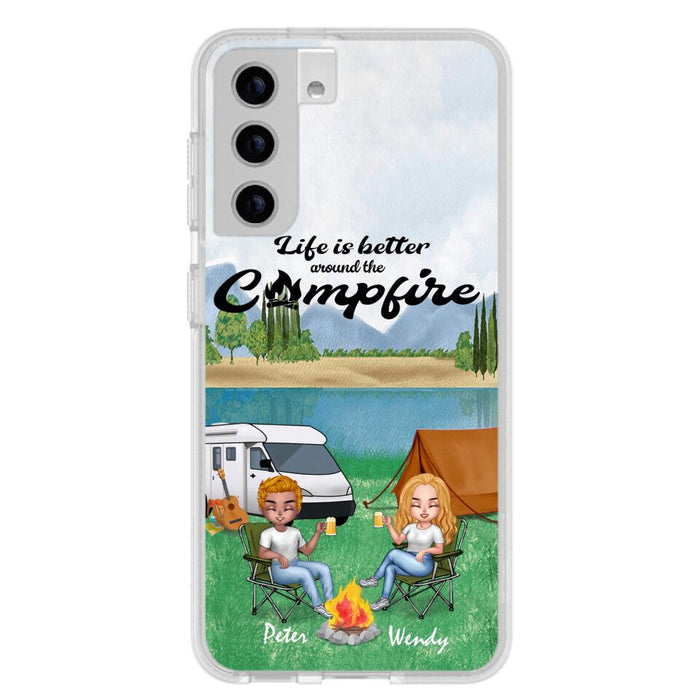 Custom Personalized Camping Chibi Phone Case - Couple With Upto 2 Dogs - Gift Idea For Dog/ Camping Lover - Life Is Better Around The Campfire - Case For iPhone And Samsung