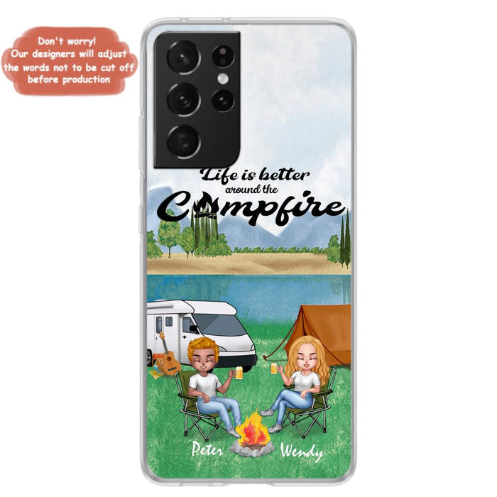 Custom Personalized Camping Chibi Phone Case - Couple With Upto 2 Dogs - Gift Idea For Dog/ Camping Lover - Life Is Better Around The Campfire - Case For iPhone And Samsung