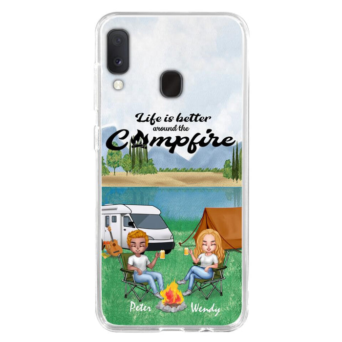 Custom Personalized Camping Chibi Phone Case - Couple With Upto 2 Dogs - Gift Idea For Dog/ Camping Lover - Life Is Better Around The Campfire - Case For iPhone And Samsung