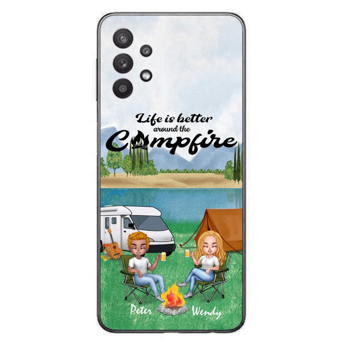 Custom Personalized Camping Chibi Phone Case - Couple With Upto 2 Dogs - Gift Idea For Dog/ Camping Lover - Life Is Better Around The Campfire - Case For iPhone And Samsung