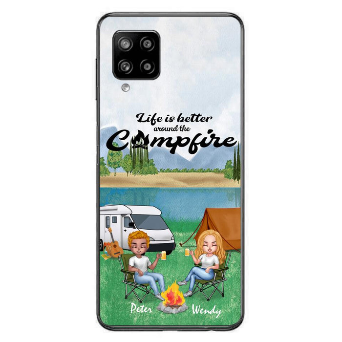 Custom Personalized Camping Chibi Phone Case - Couple With Upto 2 Dogs - Gift Idea For Dog/ Camping Lover - Life Is Better Around The Campfire - Case For iPhone And Samsung