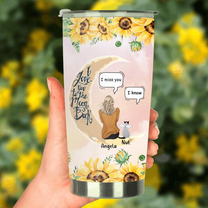 Custom Personalized Memorial Cat Sun Flower Tumbler - Upto 6 Cats - Memorial Gift Idea For Cat Lover - I Love You To The Moon And Back