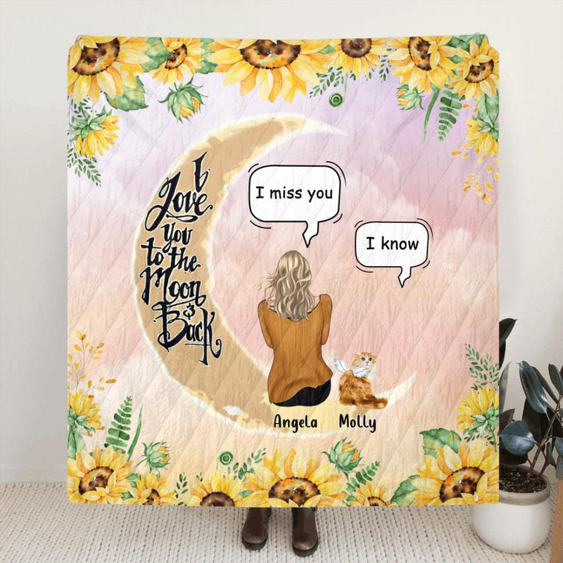 Personalized Memorial Cat Sun Flower Pillow Cover/Quilt/Fleece Throw Blanket - Up to 6 Cats - Memorial Gift Idea For Cat Lover - I Love You To The Moon And Back