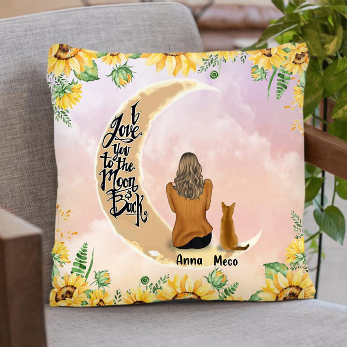 Custom Personalized Cat Sun Flower Pillow Cover & Quilt/ Fleece Blanket - Upto 6 Cats - Gift Idea For Cat Lover - I Love You To The Moon And Back