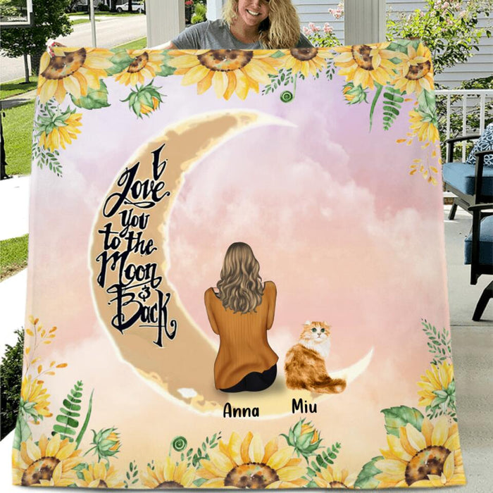 Custom Personalized Cat Sun Flower Pillow Cover & Quilt/ Fleece Blanket - Upto 6 Cats - Gift Idea For Cat Lover - I Love You To The Moon And Back