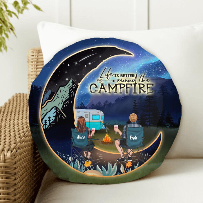 Custom Personalized Camping Moon Night Round Pillow - Couple/ Parents With Upto 3 Kids And 5 Pets - Gift Idea For Camping Lover - Life Is Better Around The Campfire