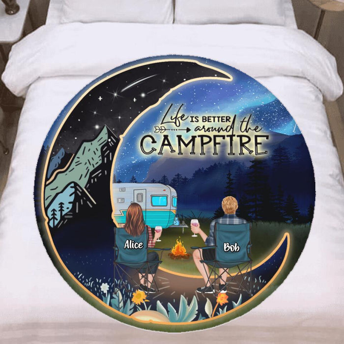 Custom Personalized Camping Moon Couple Valentine's Day Flannel Round Blanket - Couple/ Parents With Upto 3 Kids And 5 Pets - Valentine's Day Gift For Camping Lover - Life Is Better Around The Campfire