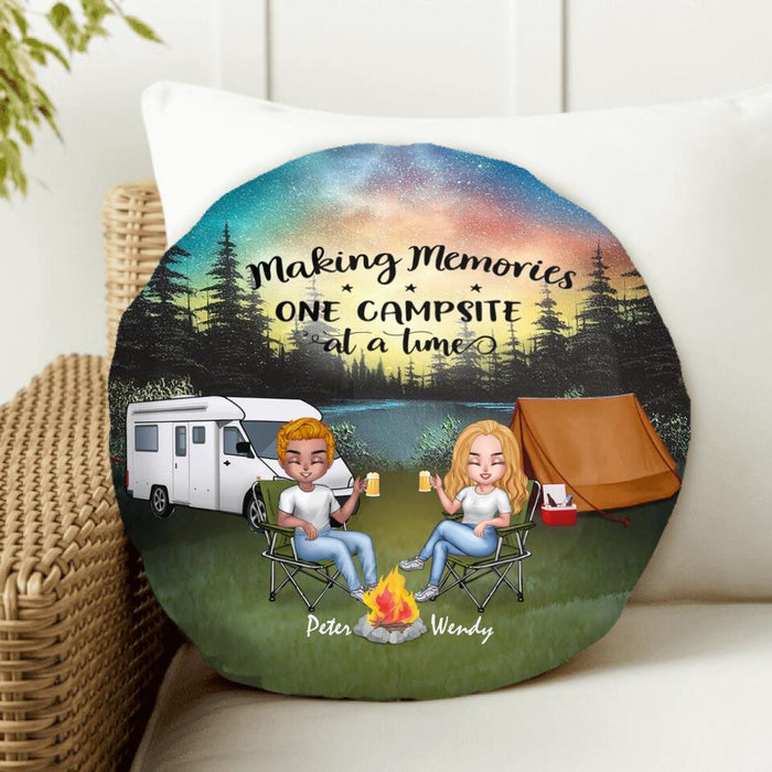 Custom Personalized Camping Night Couple Valentine's Day Round Pillow - Couple With Upto 2 Dogs - Gift Idea For Camping Lover - Making Memories One Campsite At A Time