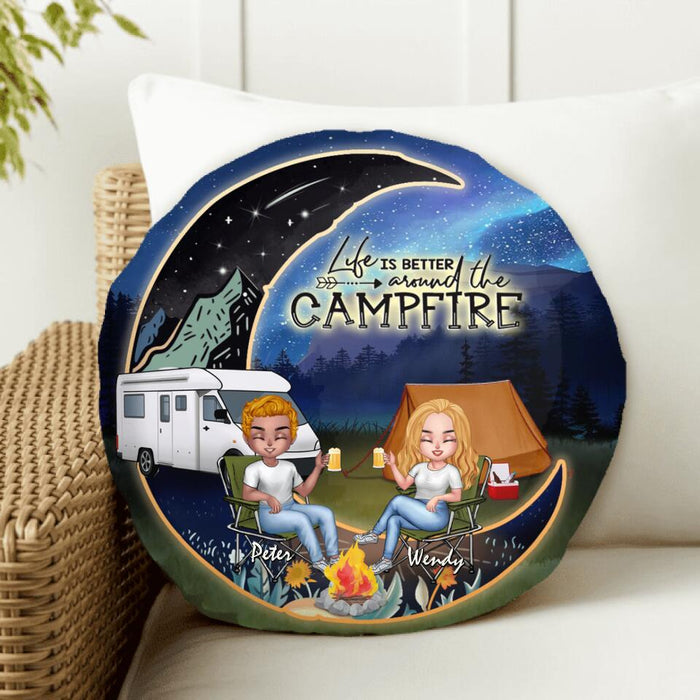 Custom Personalized Camping Moon Night Couple Valentine's Day Round Pillow - Couple With Upto 2 Dogs - Gift Idea For Camping Lover - Life Is Better Around The Campfire