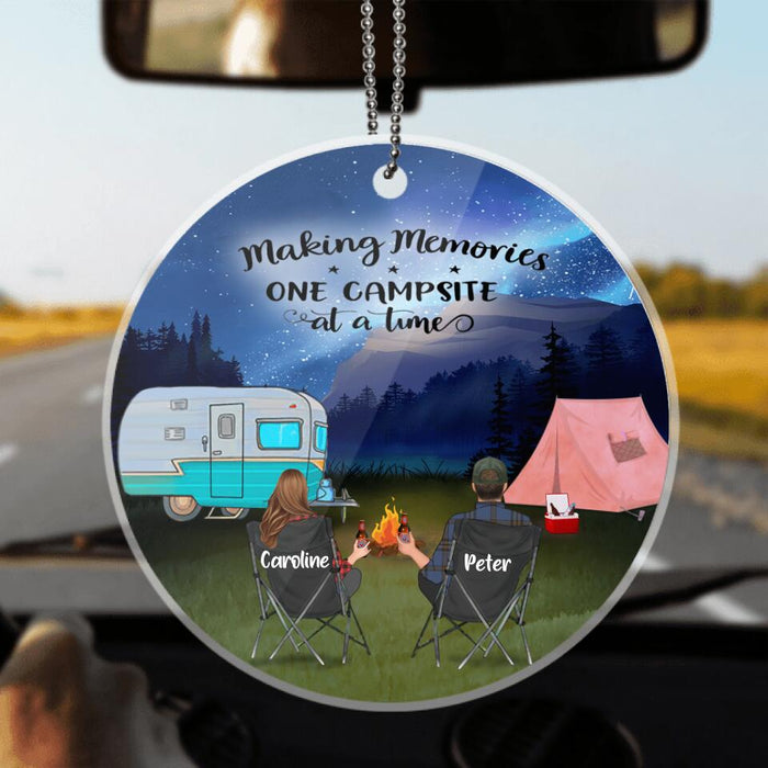 Custom Personalized Camping Couple Valentine's Day Car Ornament - Couple/ Parents With Upto 2 Kids And 3 Pets - Gift Idea For Camping Lover - Making Memories One Campsite At A Time