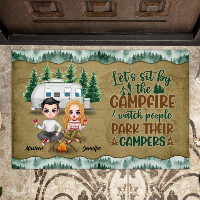 Custom Personalized Camping Couple And Dog Doormat - Couple With Upto 2 Dogs - Gift Idea For Couple - Let's Sit By The Campfire