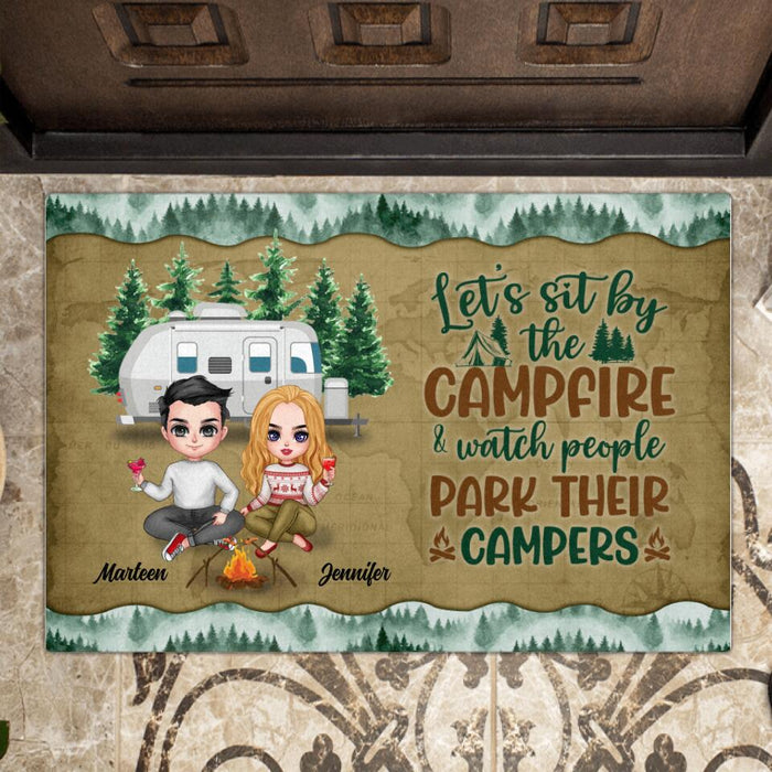 Custom Personalized Camping Couple And Dog Doormat - Couple With Upto 2 Dogs - Gift Idea For Couple - Let's Sit By The Campfire