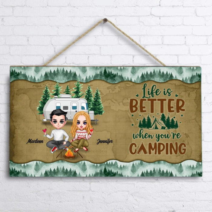 Custom Personalized Camping Couple And Dog Door Sign - Couple With Upto 2 Dogs - Gift Idea For Couple - Life Is Better When You're Camping