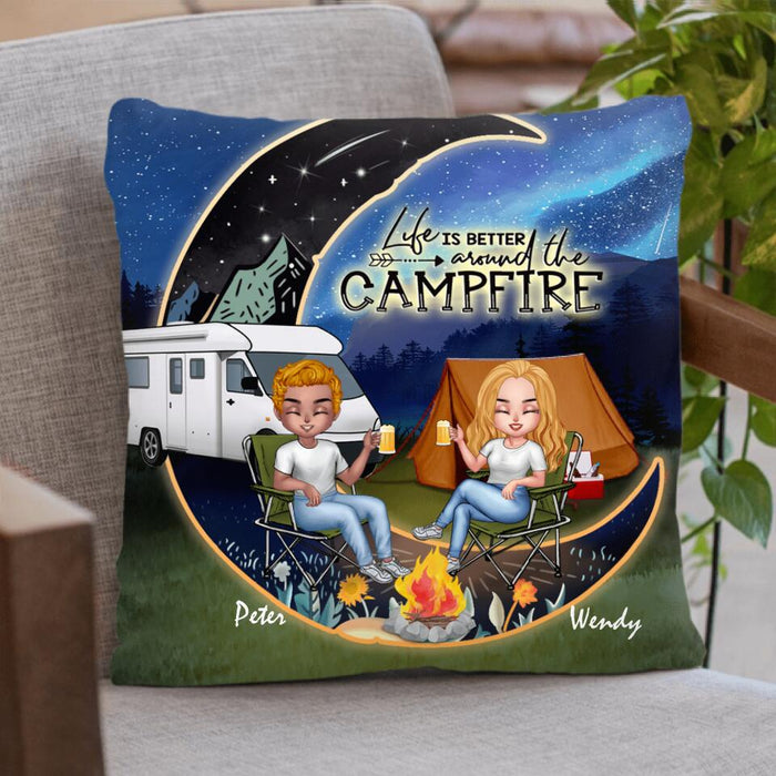 Custom Personalized Camping Moon Couple With Dogs Pillow Cover & Quilt/ Fleece Blanket - Couple With Upto 3 Dogs - Gift Idea For Dog/ Camping Lover