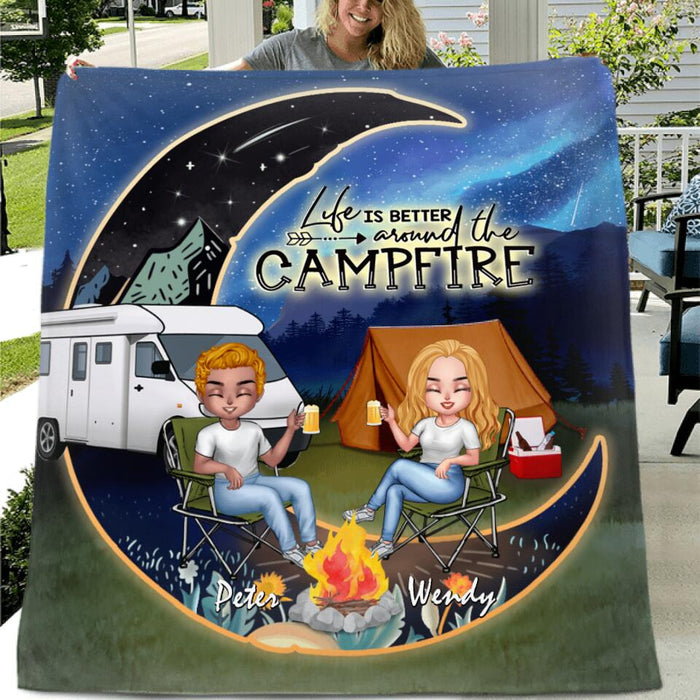 Custom Personalized Camping Moon Couple With Dogs Pillow Cover & Quilt/ Fleece Blanket - Couple With Upto 3 Dogs - Gift Idea For Dog/ Camping Lover